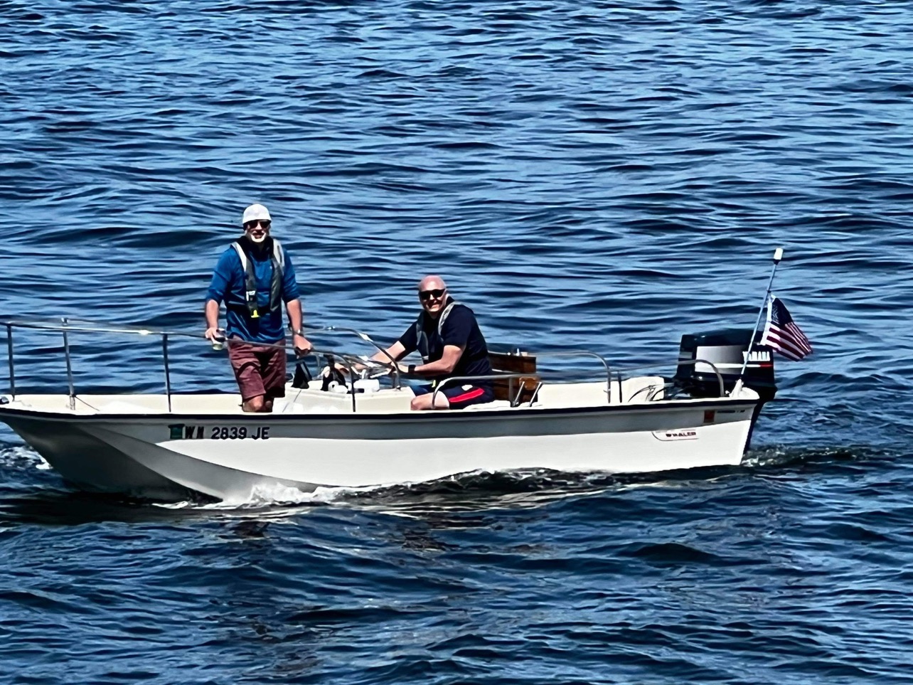 My 1975 Boston Whaler Katama underway on Elliott Bay in Seattle on a summer day.